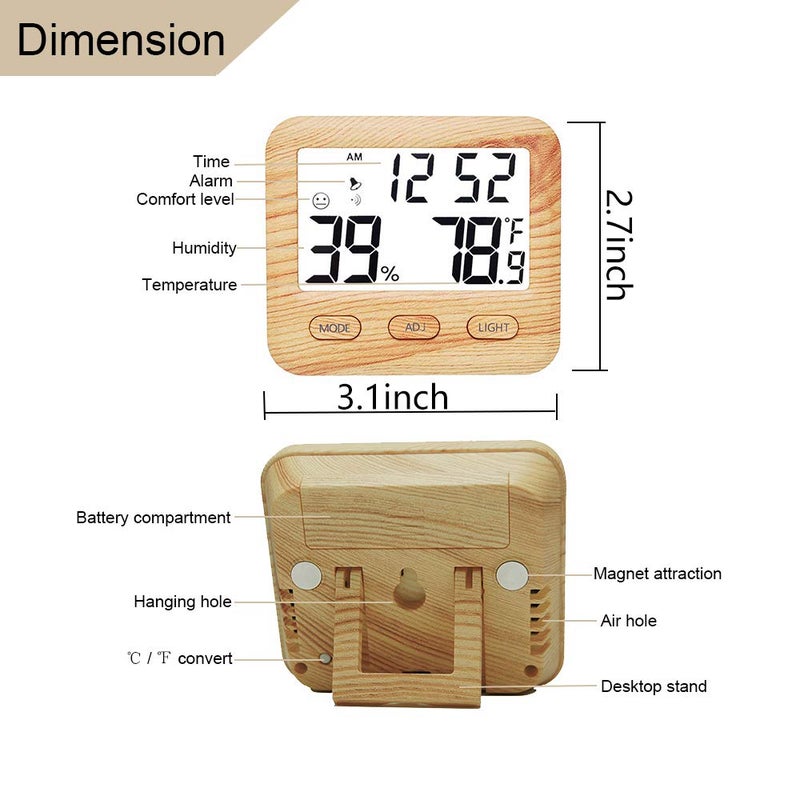 natome Digital Hygrometer Indoor Thermometer, Temperature Humidity Gauge with Desk Clocks for Bedroom Office,Backlit Accurate Monitor Clear Reading,Time Display Room Thermometer for Home Greenhouse Wooden - Image 3